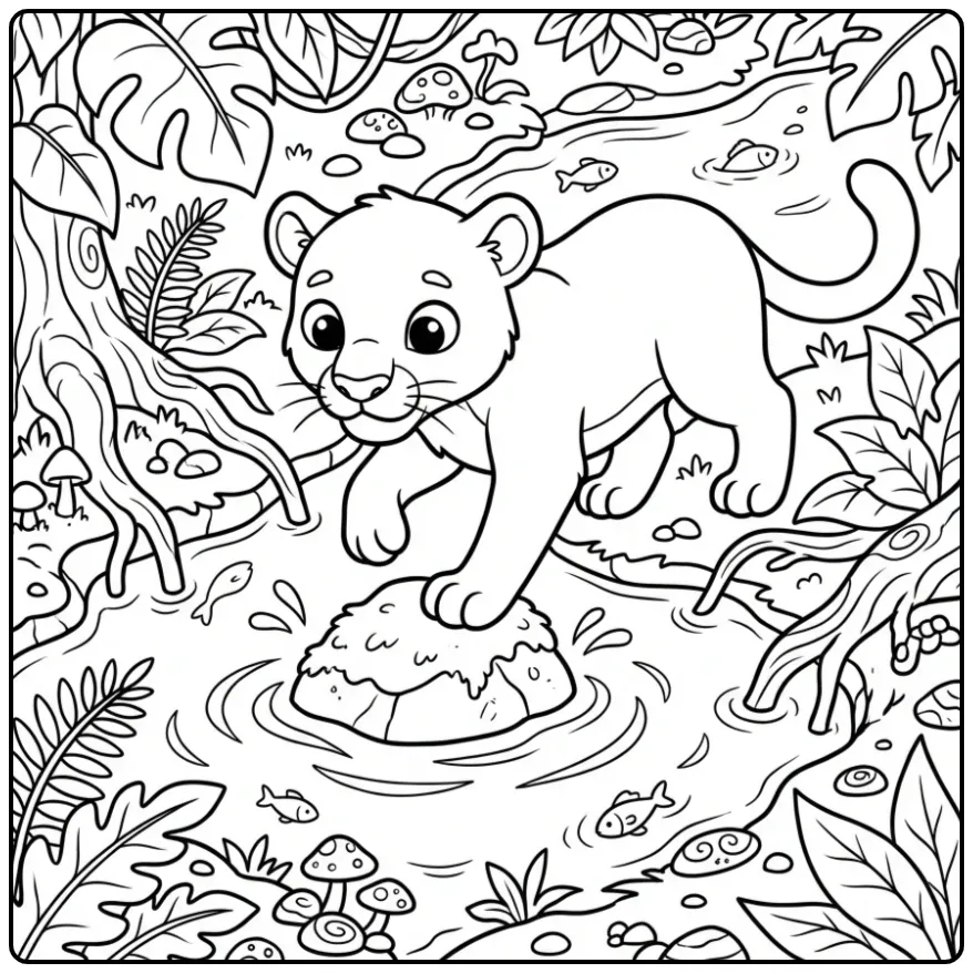 Kleurplaat panter lopend over stenen in een beek.