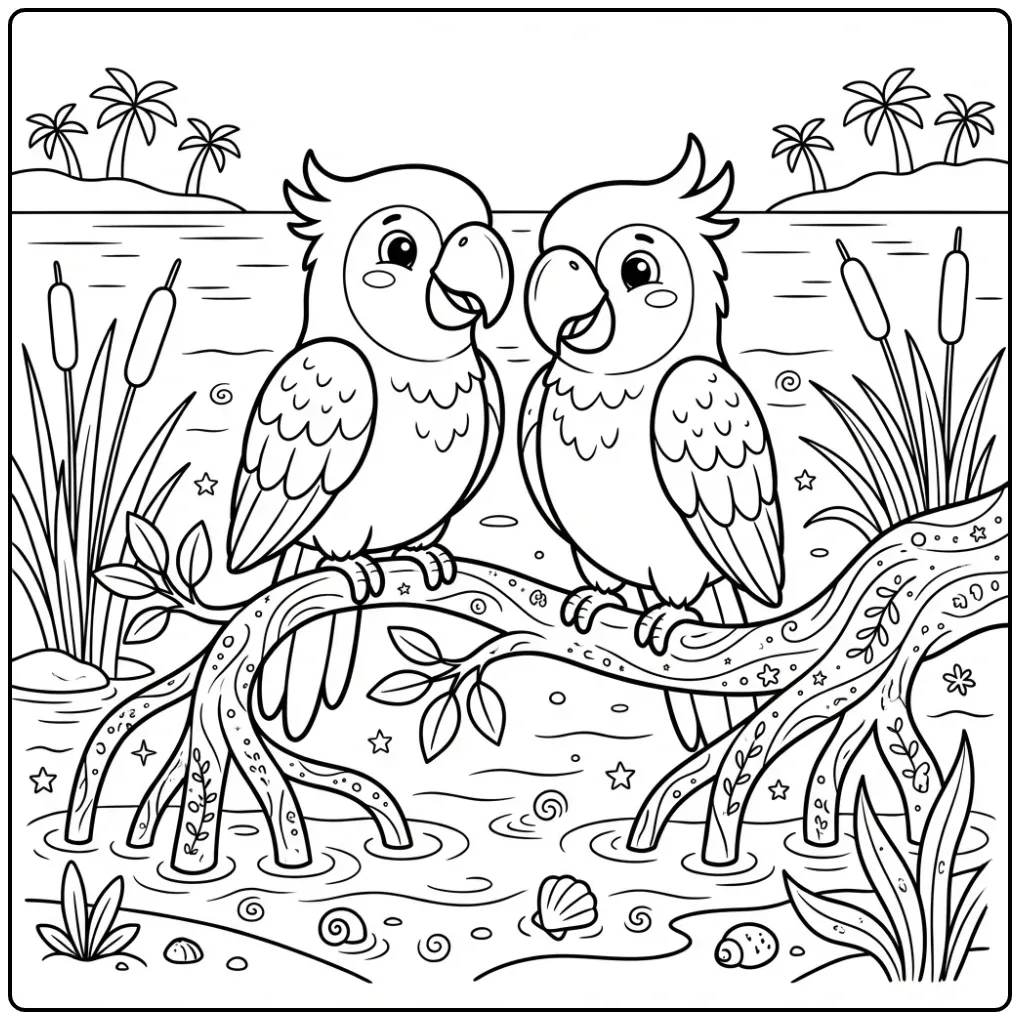 Tropische kleurplaat papegaai op een mangrovewortel tekening.