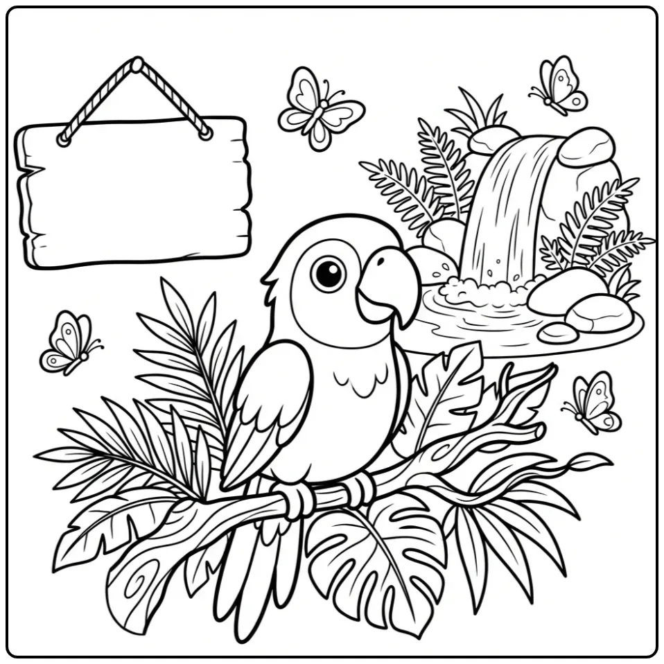 Kleurplaat papegaai op een tak bij een tropische waterval.