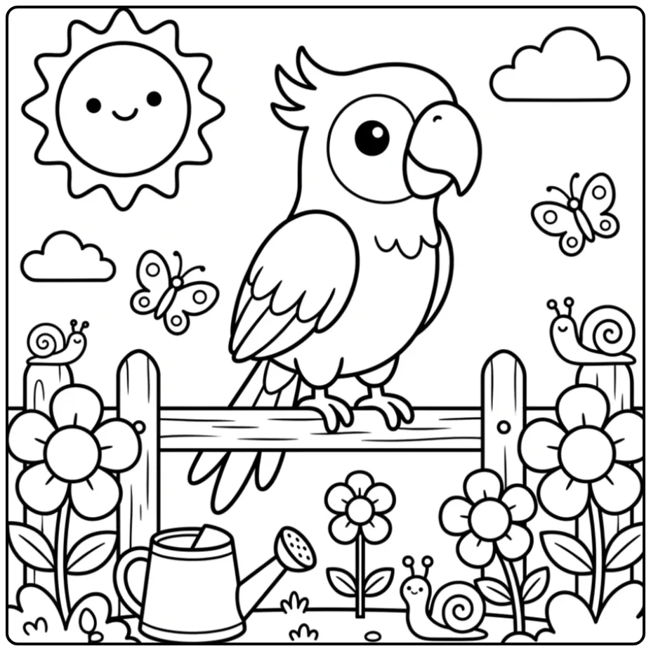 Vrolijke kleurplaat papegaai peuters op een hek.