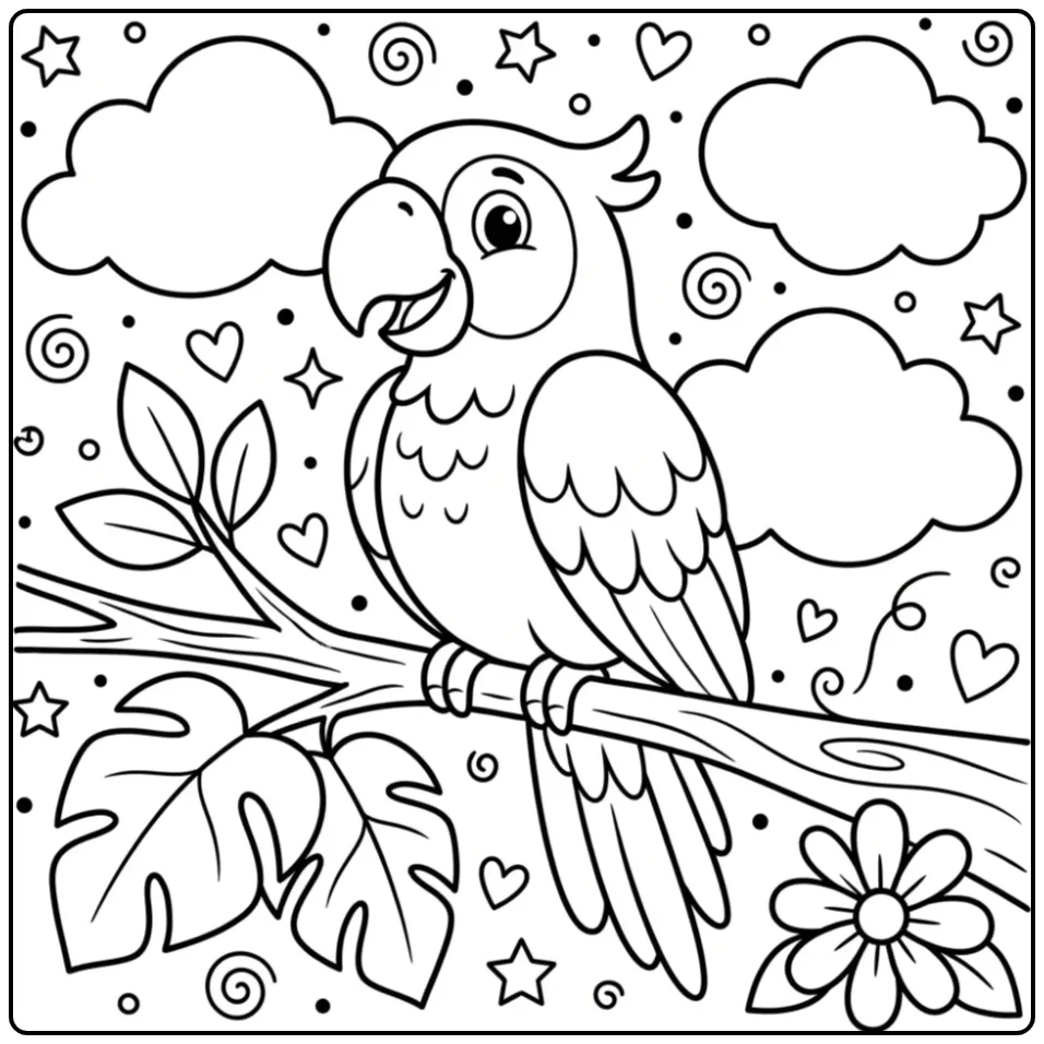 Vrolijke kleurplaat papegaai peuters op een dikke tak.