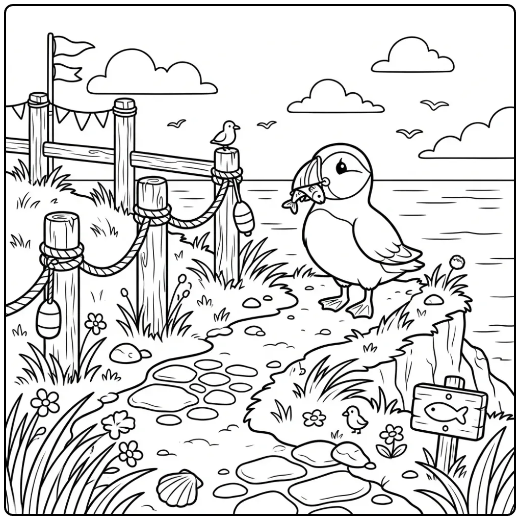 Leuke kleurplaat papegaaiduiker bij een houten hek.