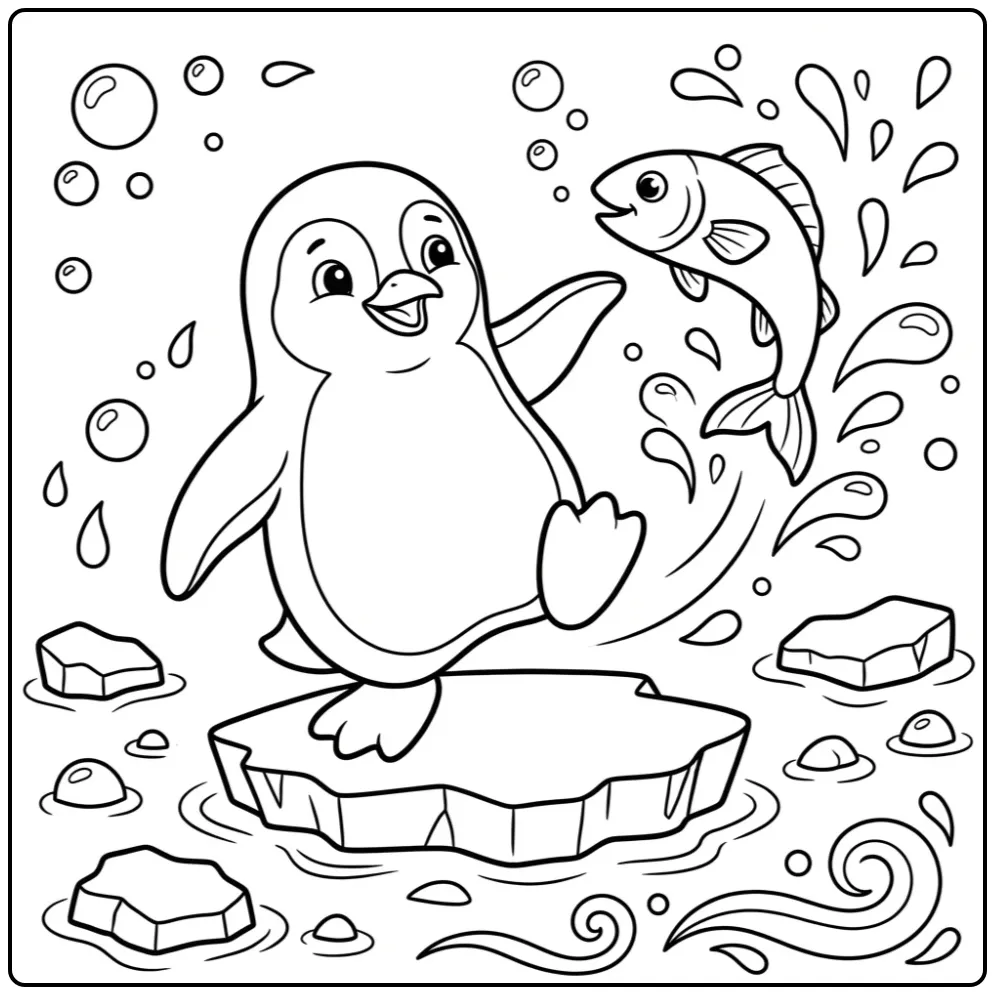 Een leuke kleurplaat pinguin die vist op ijs.