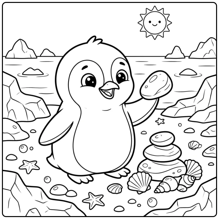 Een leuke kleurplaat pinguin met een bijzondere ronde steen.