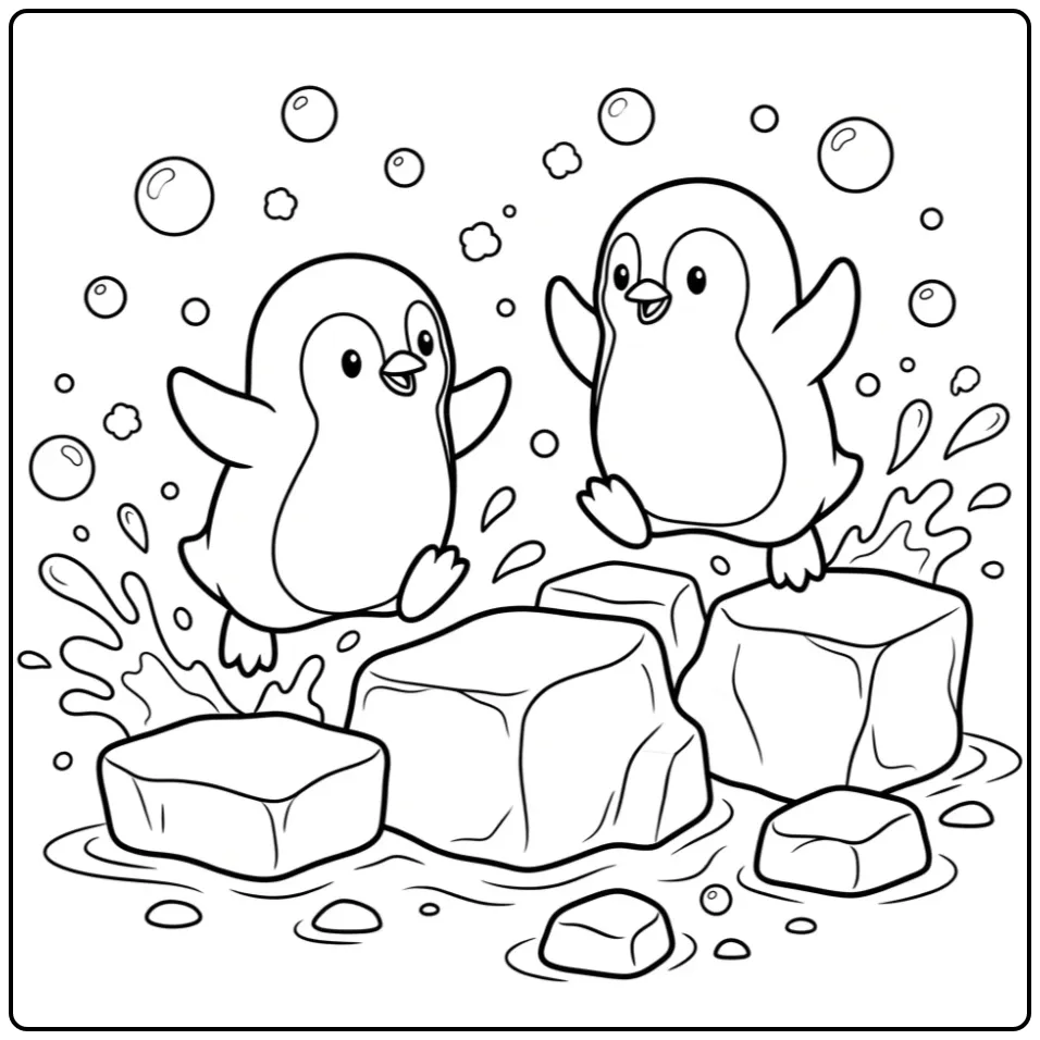 Vrolijke kleurplaat pinguin springend over ijsblokken.