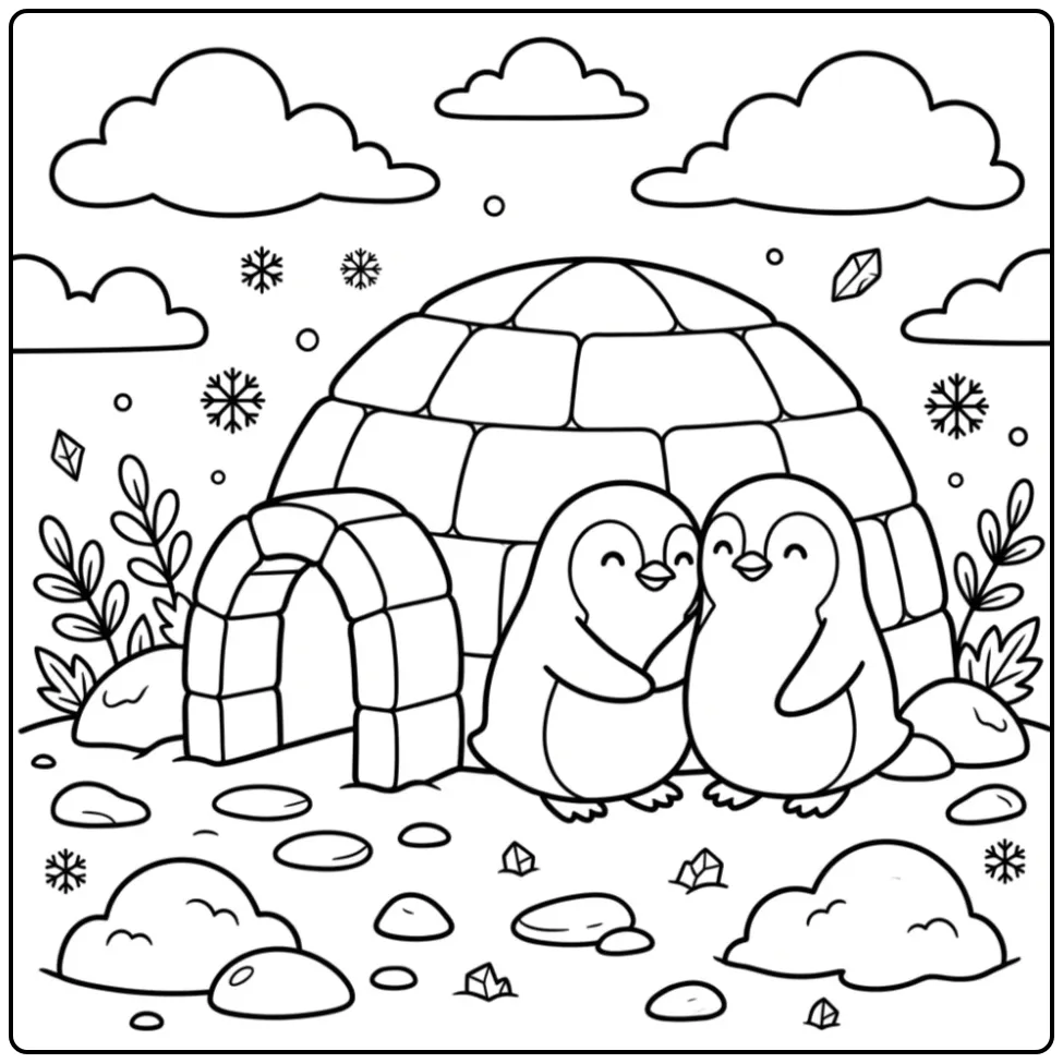 Kleurplaat pinguin van twee knuffelende dieren bij een iglo.
