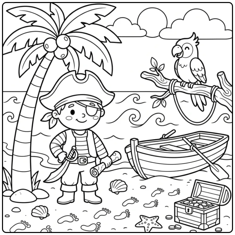 Vrolijke kleurplaat piraat met papegaai bij een palmboom.