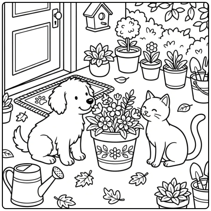 Kleurplaat poes en hond ruiken samen aan een bloempot.