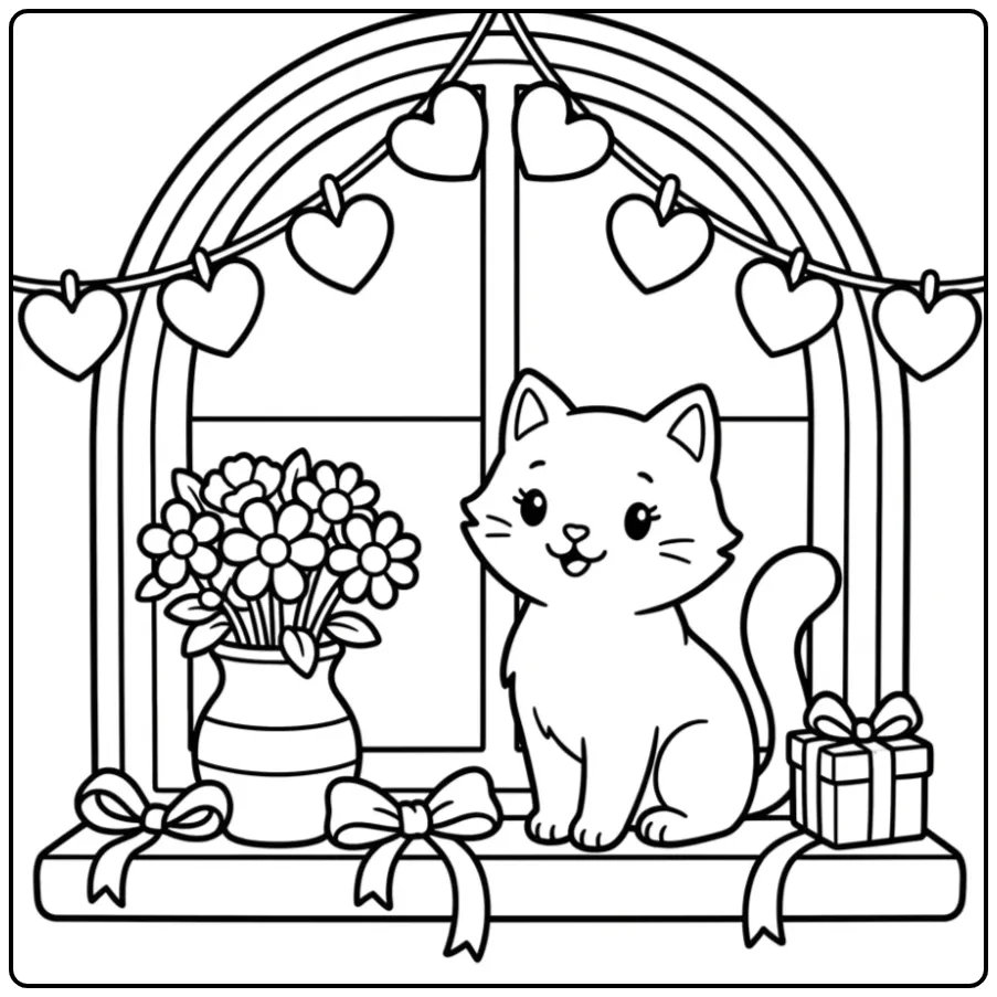 Mooie kleurplaat poes met hartjes en bloemen bij het raam.