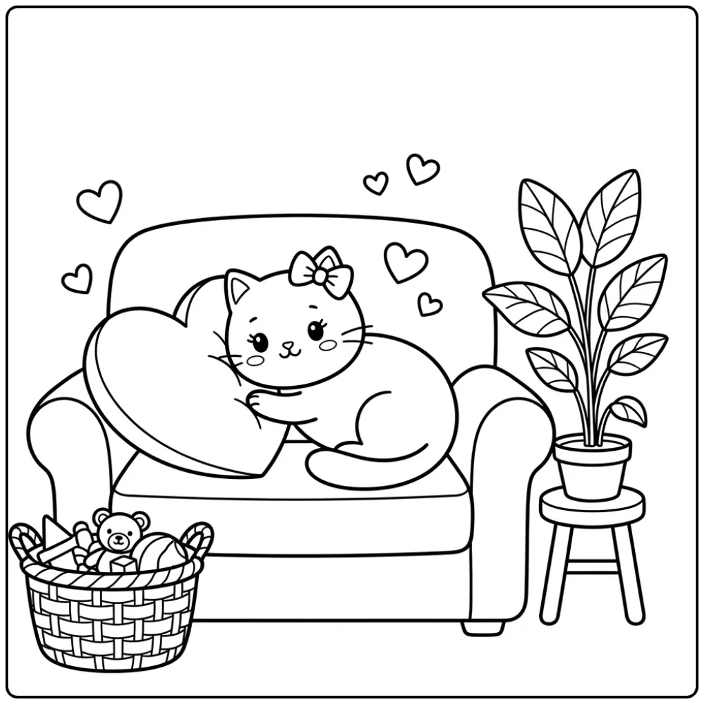 Lieve kat knuffelt kussen: kleurplaat poes met hartjes