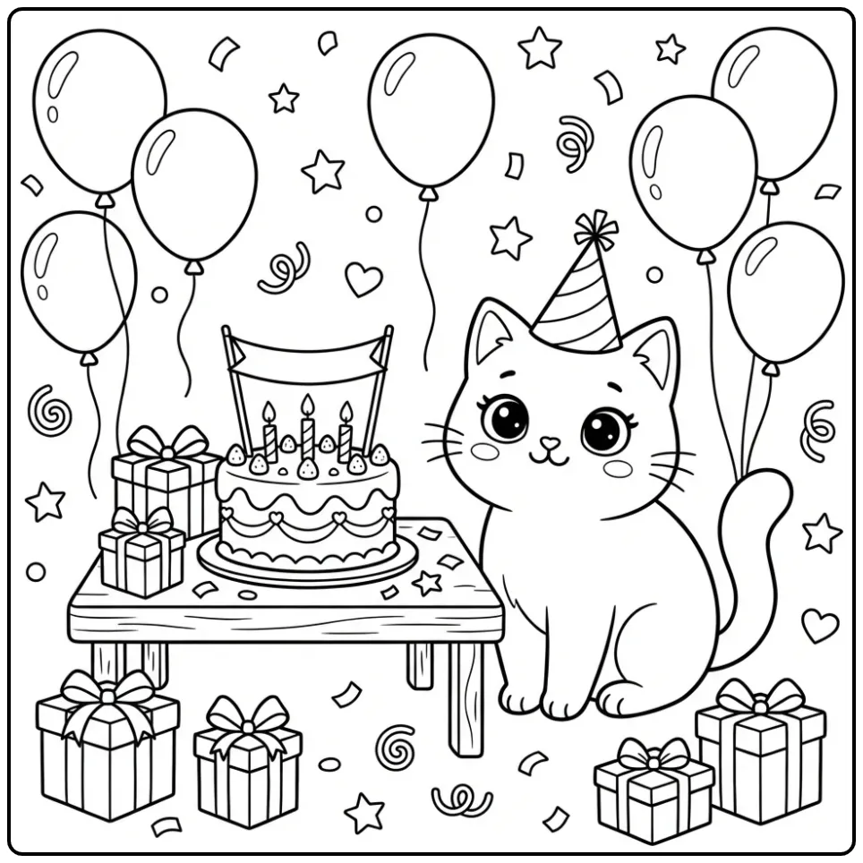 Vrolijke kleurplaat poes verjaardag met ballonnen en feest.