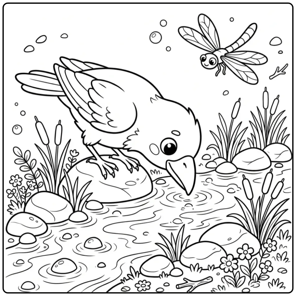 Een leuke kleurplaat raaf die drinkt uit een beekje.