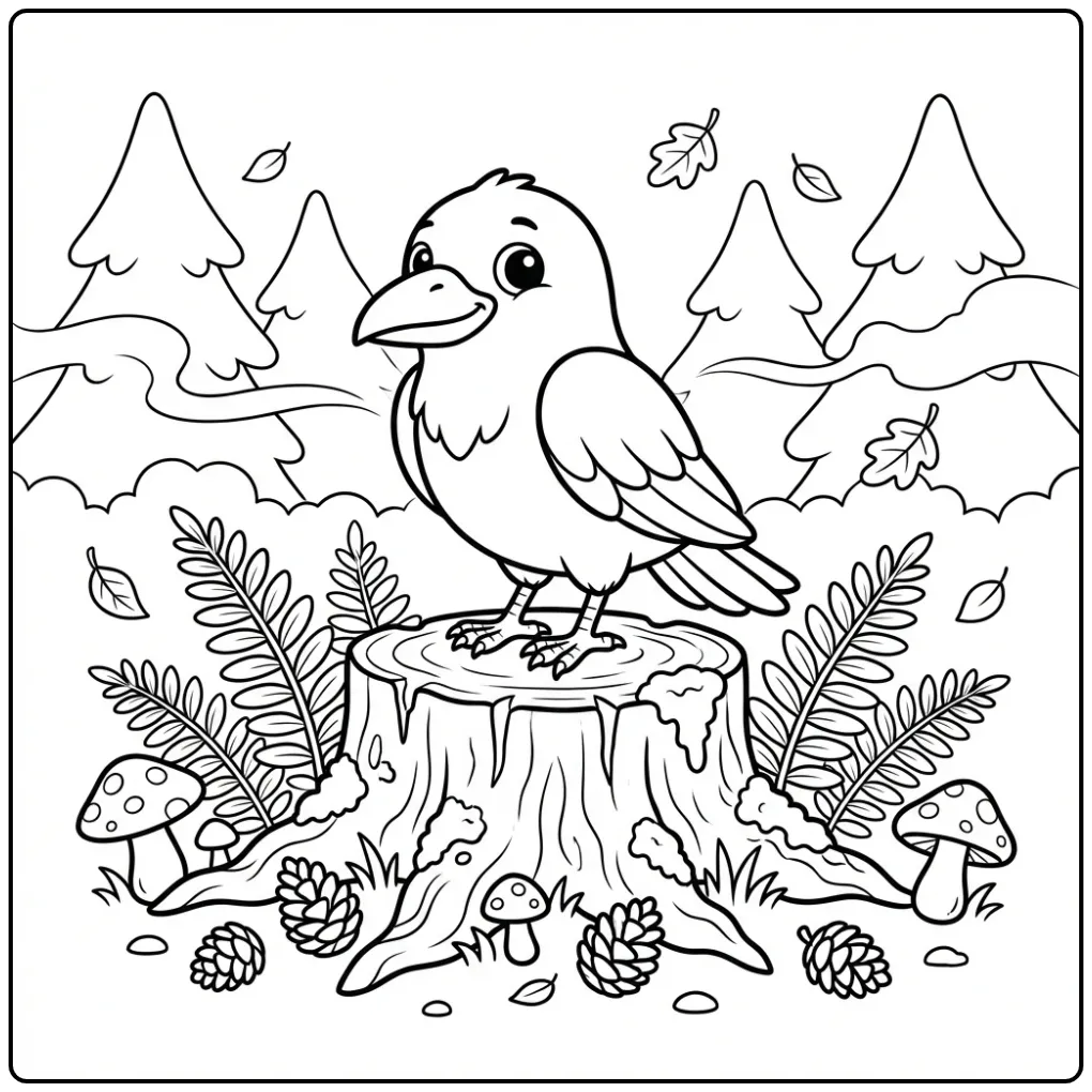 Cartoon kleurplaat raaf op een boomstronk met paddenstoelen.