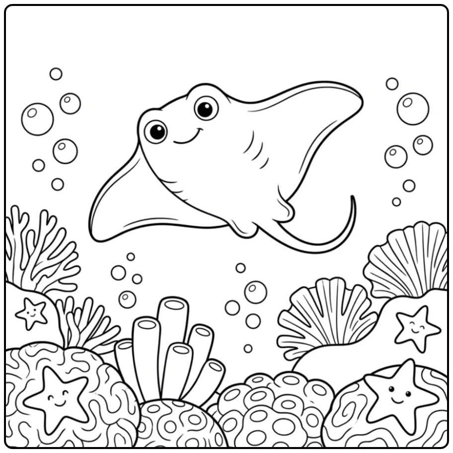 Cartoon kleurplaat rog zwemmend langs koraal en bubbels.