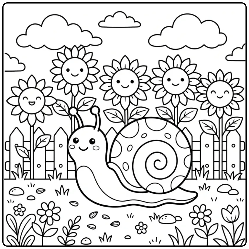 Een vrolijke kleurplaat slak tussen de zonnebloemen.