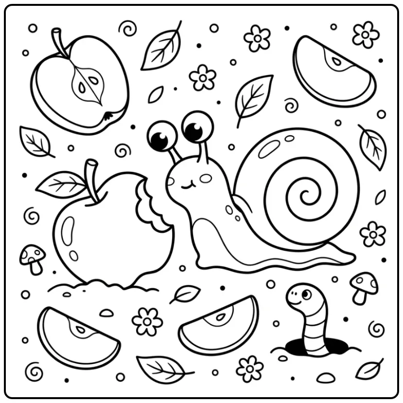 Kleurplaat slak onderzoekt een appel in de tuin.
