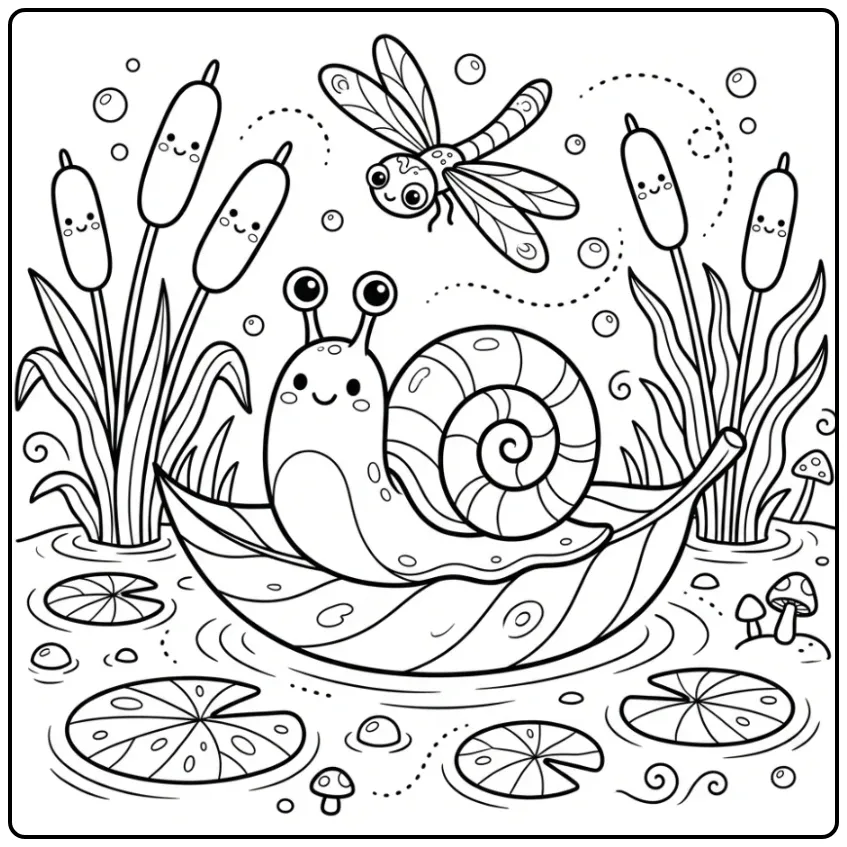 Kleurplaat slak varend op een blad met een libel.