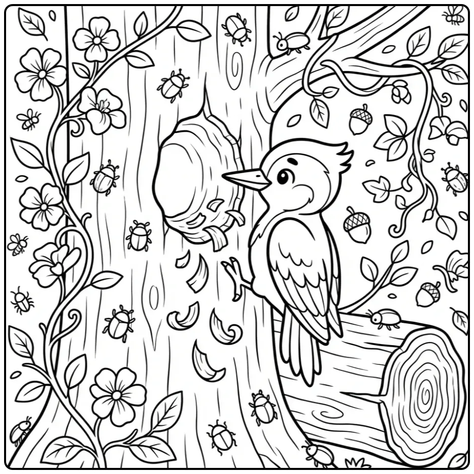 Leuke kleurplaat specht bij een nest met houtsnippers.