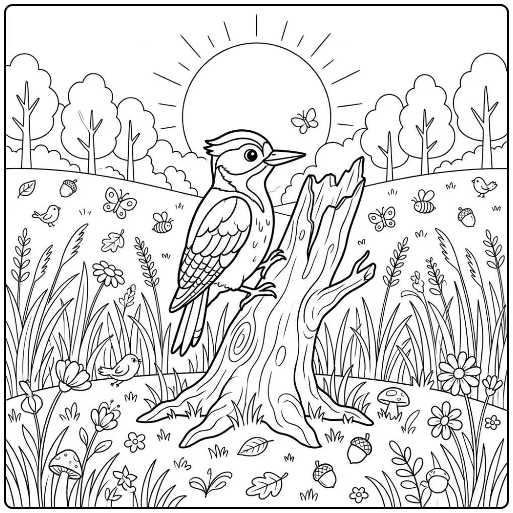 Leuke kleurplaat specht op een boomstronk in de weide.