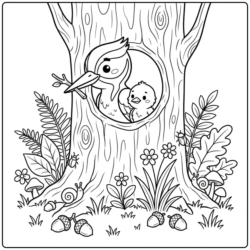 Een leuke kleurplaat specht in een boom met een klein kuiken.