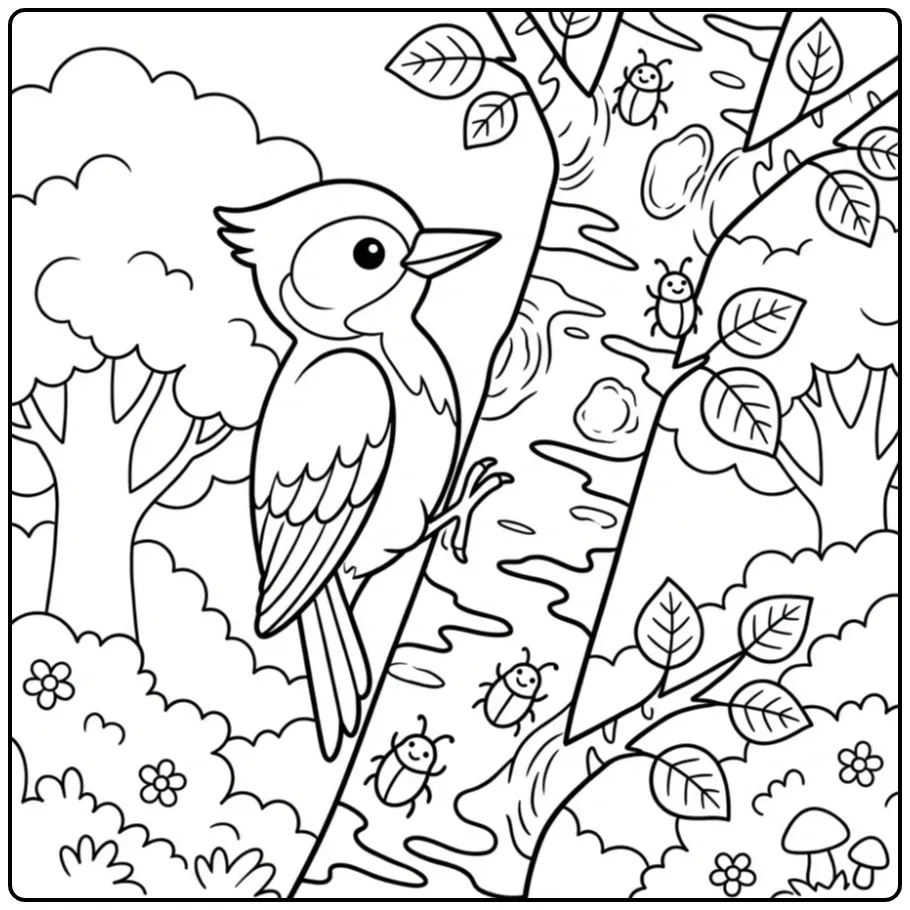 Kleurplaat specht klimt op boom met kevertje in bos.