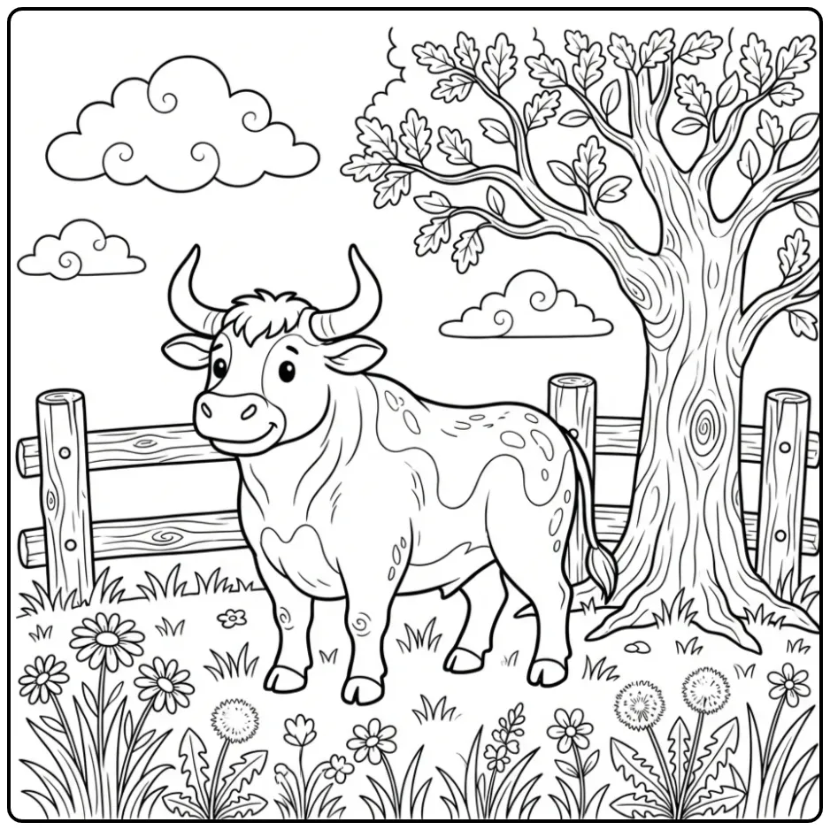 Een vrolijke kleurplaat stier in de weide met bloemen.