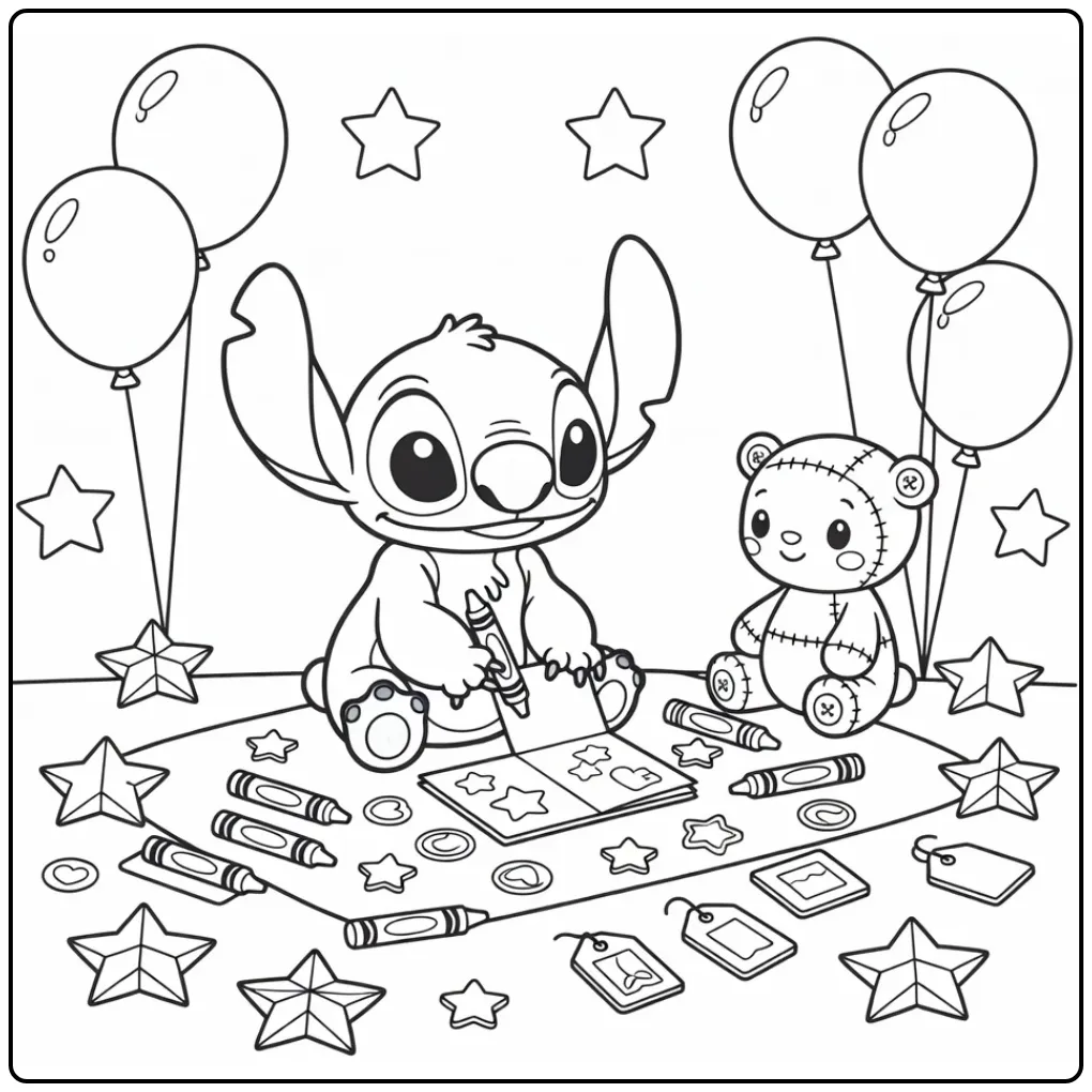 Mooie kleurplaat stitch verjaardag met Scrump en ballonnen.