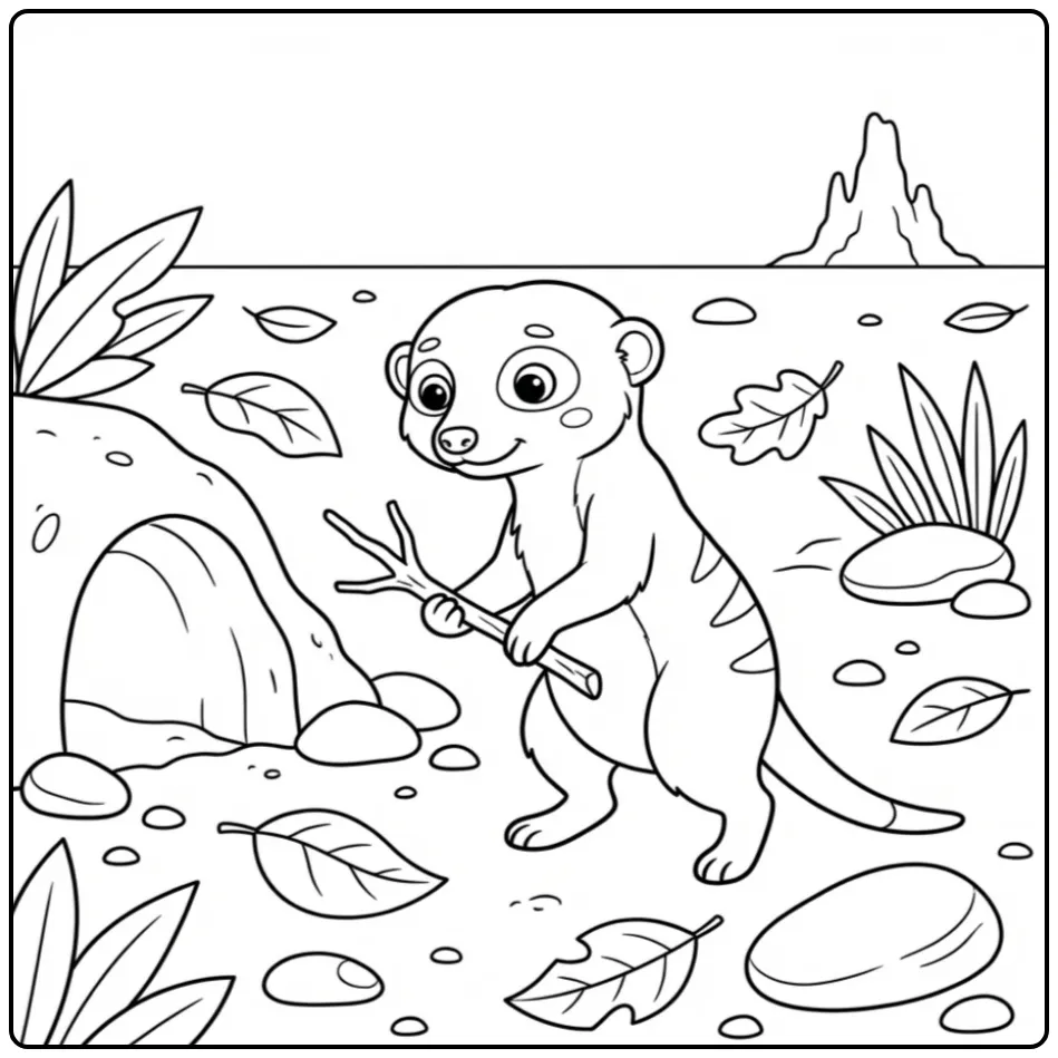 Kleurplaat stokstaartje ruimt het hol op met een takje.