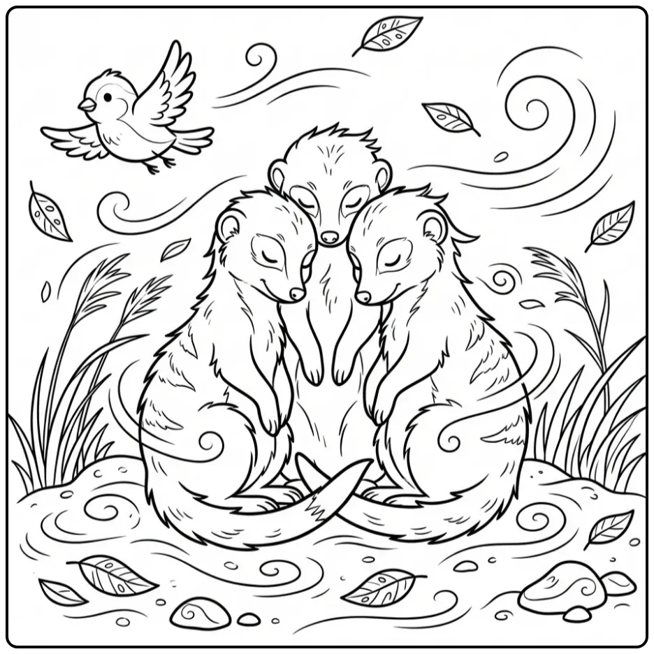 Kleurplaat stokstaartje met drie vrienden in de wind.