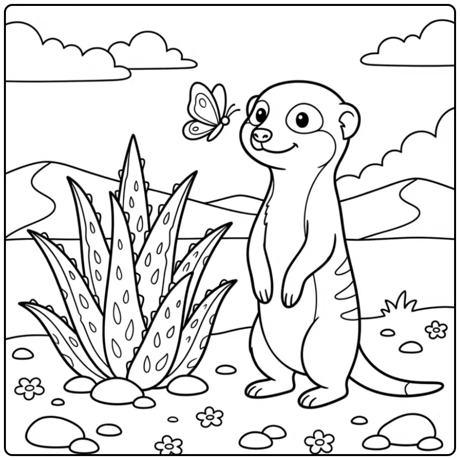 Een kleurplaat stokstaartje bij een grote aloë vera plant.