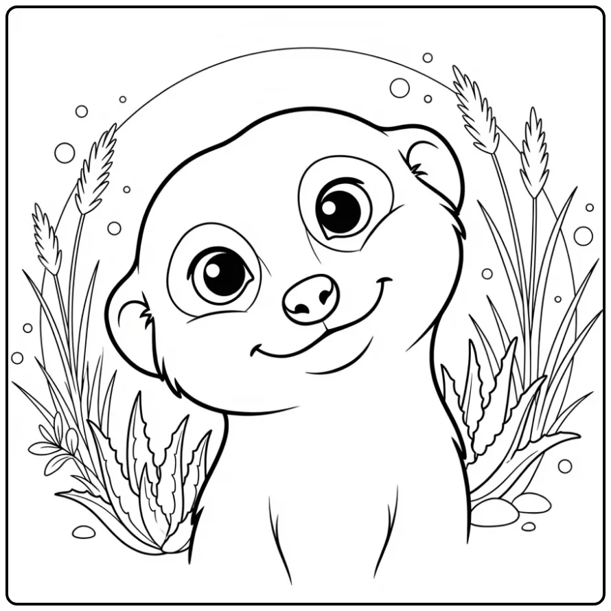 Close-up kleurplaat stokstaartje tussen aloë vera en gras