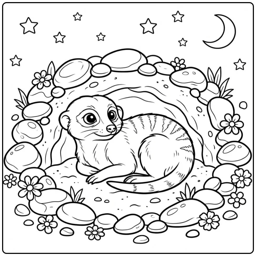 Kleurplaat stokstaartje opgerold bij stenen en bloemen.