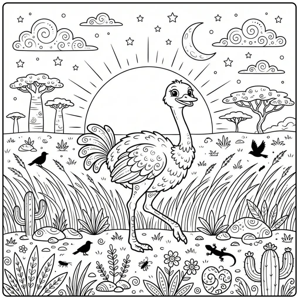 Cartoon kleurplaat struisvogel in het gras met maan