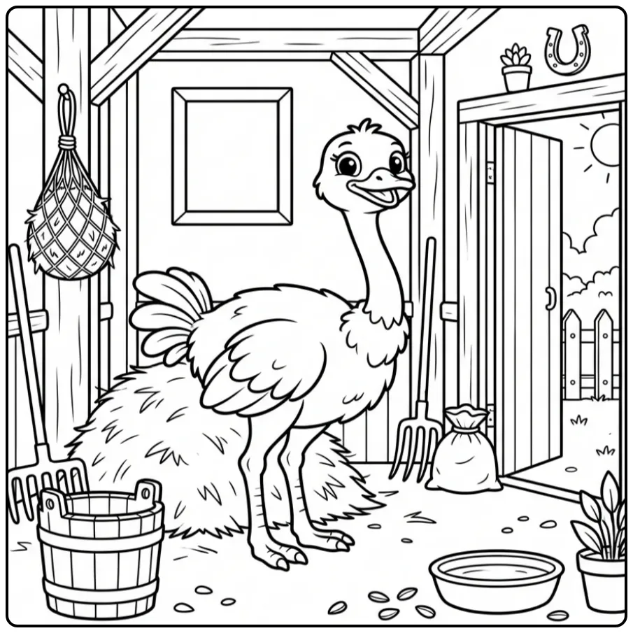 Een leuke kleurplaat struisvogel in een stal met hooi en emmer.