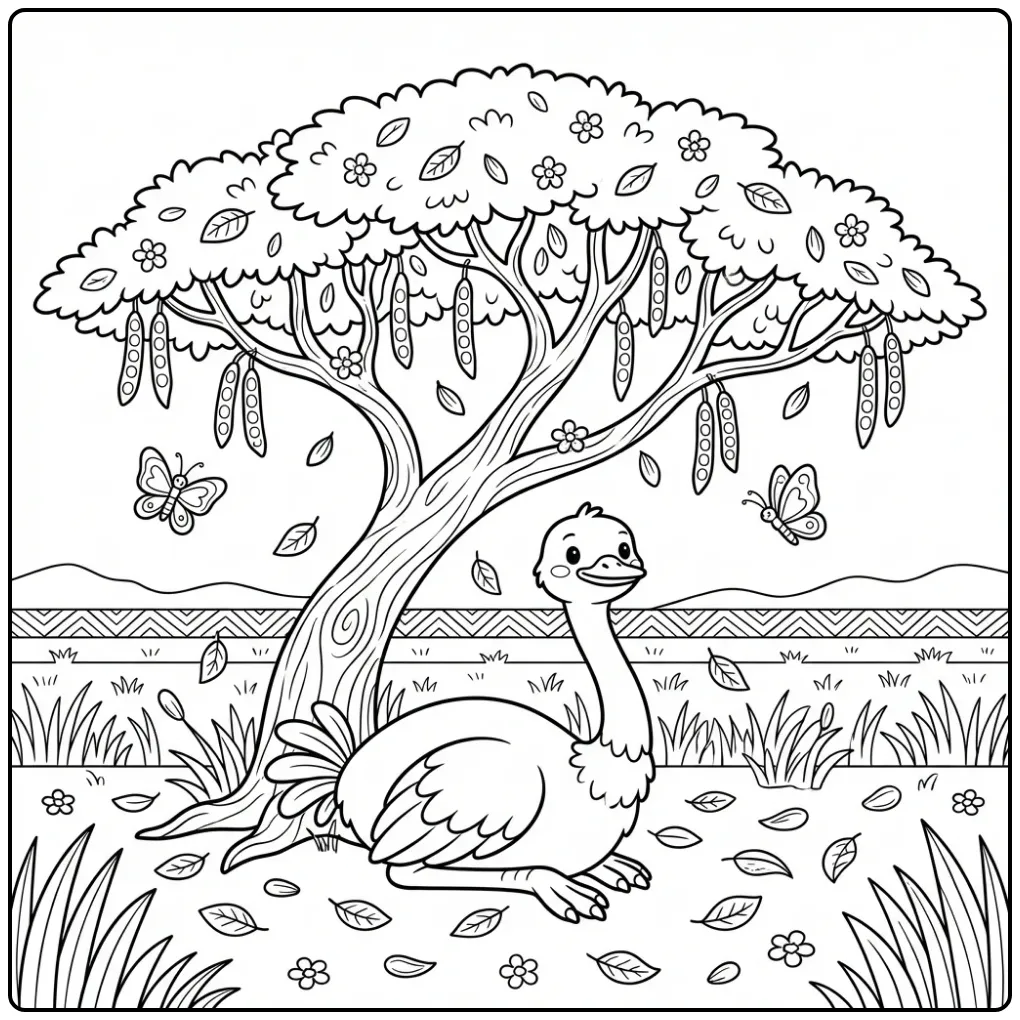 Leuke kleurplaat struisvogel onder een grote acaciaboom.