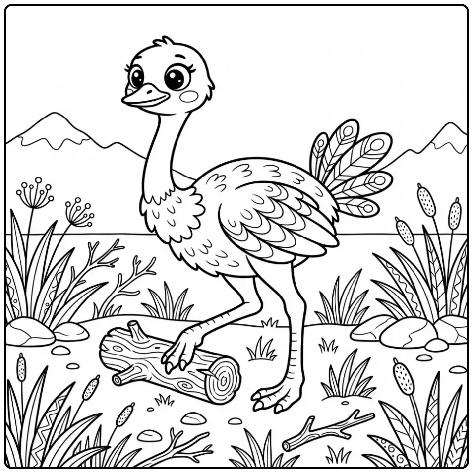 Leuke kleurplaat struisvogel in de natuur met bergen