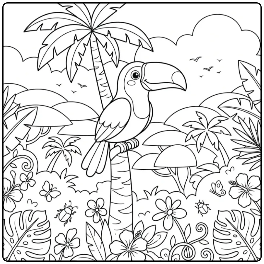 Vrolijke kleurplaat toekan op een hoge palmboomstam.