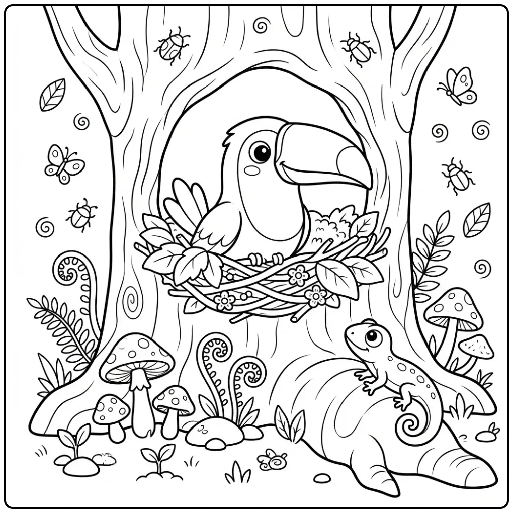 Kleurplaat toekan kijkt uit een boomholte met hagedis.