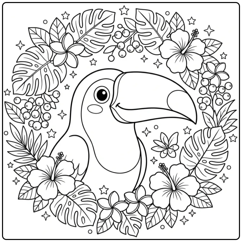 Leuke kleurplaat toekan met tropische bladeren en sterren.