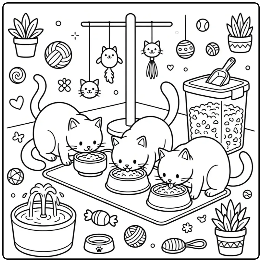 Drie etende katten op een kleurplaat van poezen.