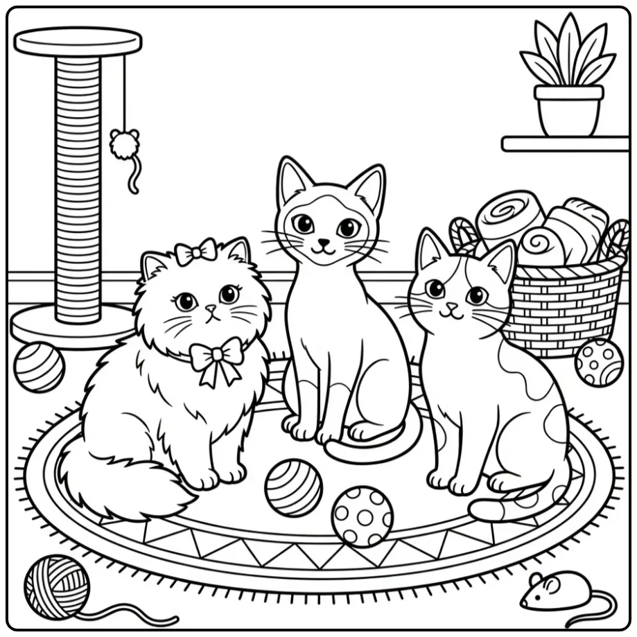 Drie katten spelen samen op deze leuke kleurplaat van poezen.