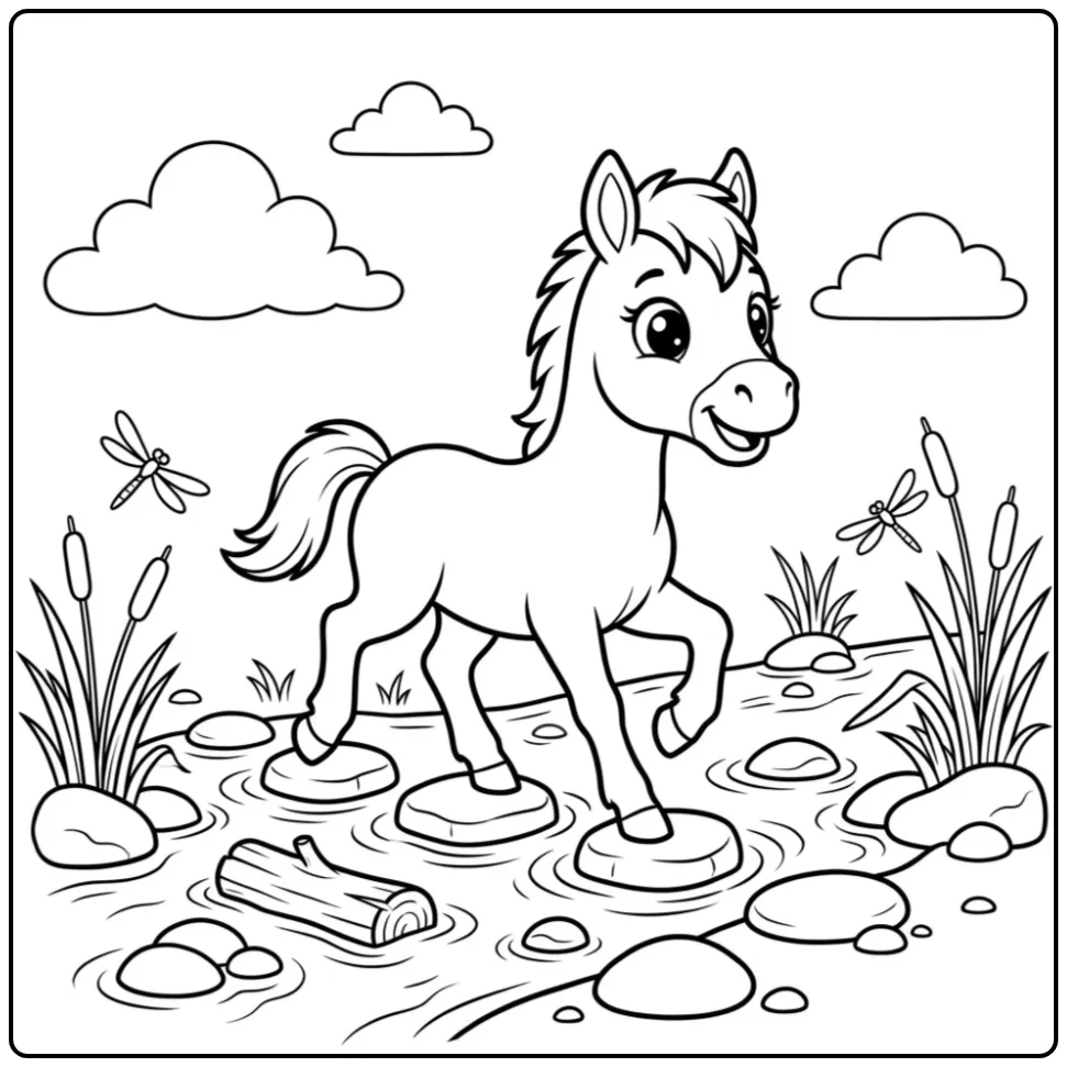 Kleurplaat veulen op stapstenen in een beekje met libellen