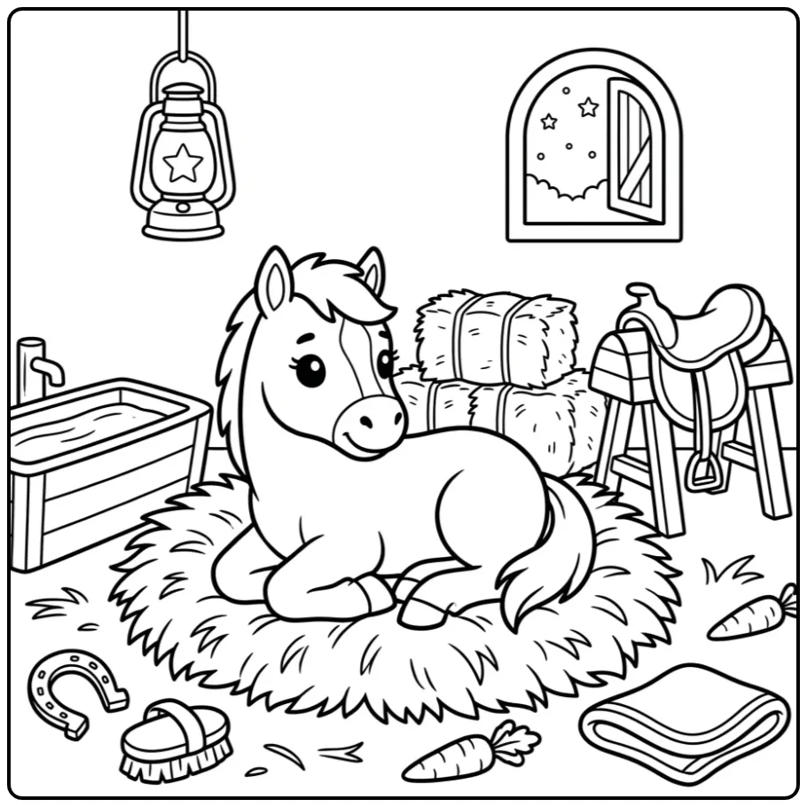 Lief kleurplaat veulen liggend op hooi in de schuur.