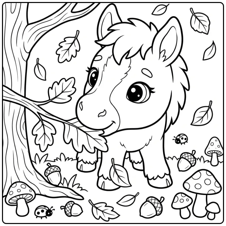 Lieve kleurplaat veulen knabbelt aan een groot blad.