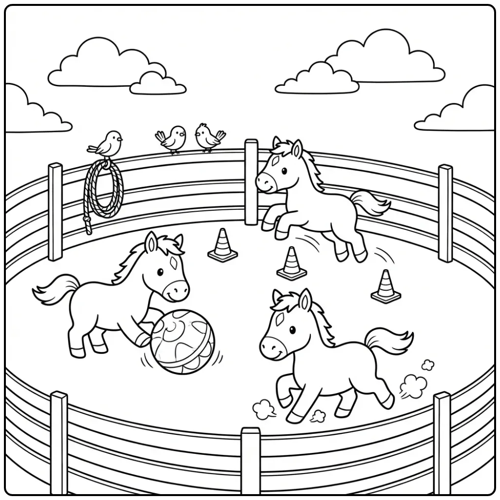 Kleurplaat veulentjes rennend in de bak met leuk speelgoed.