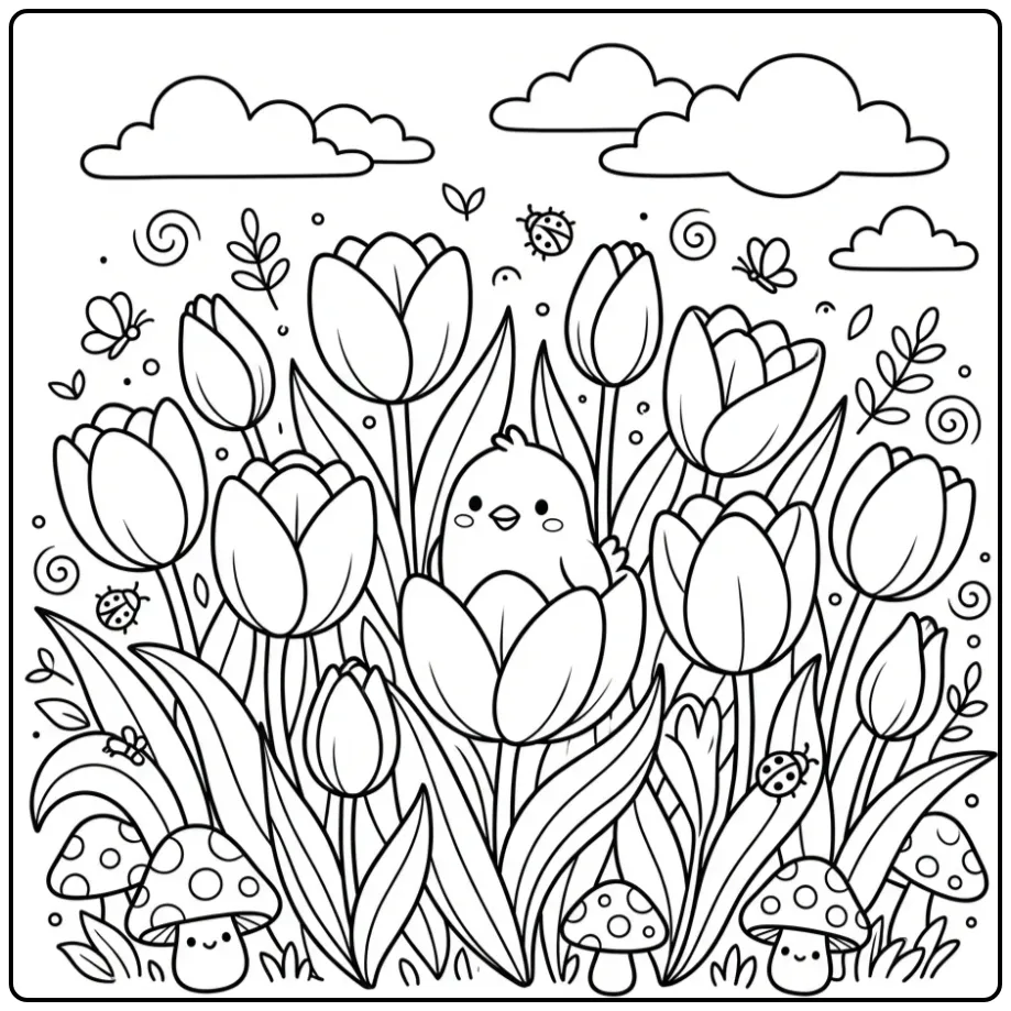 Vrolijke kleurplaat vogels en bloemen met klein vogeltje.