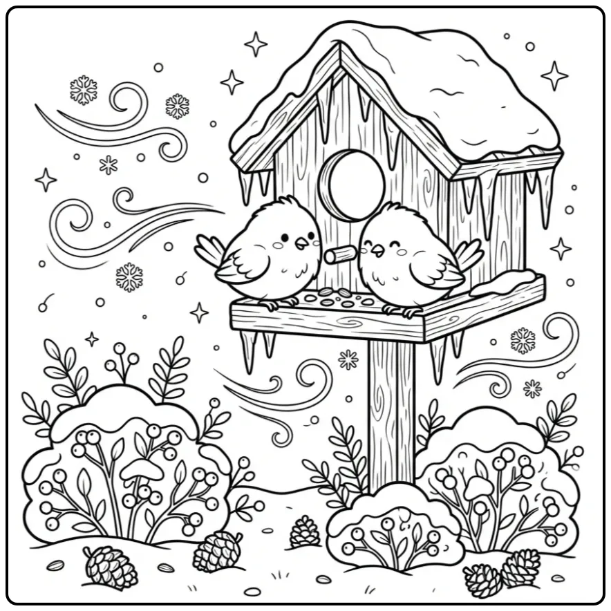 Leuke kleurplaat vogels in de winter met sneeuw en ijspegels