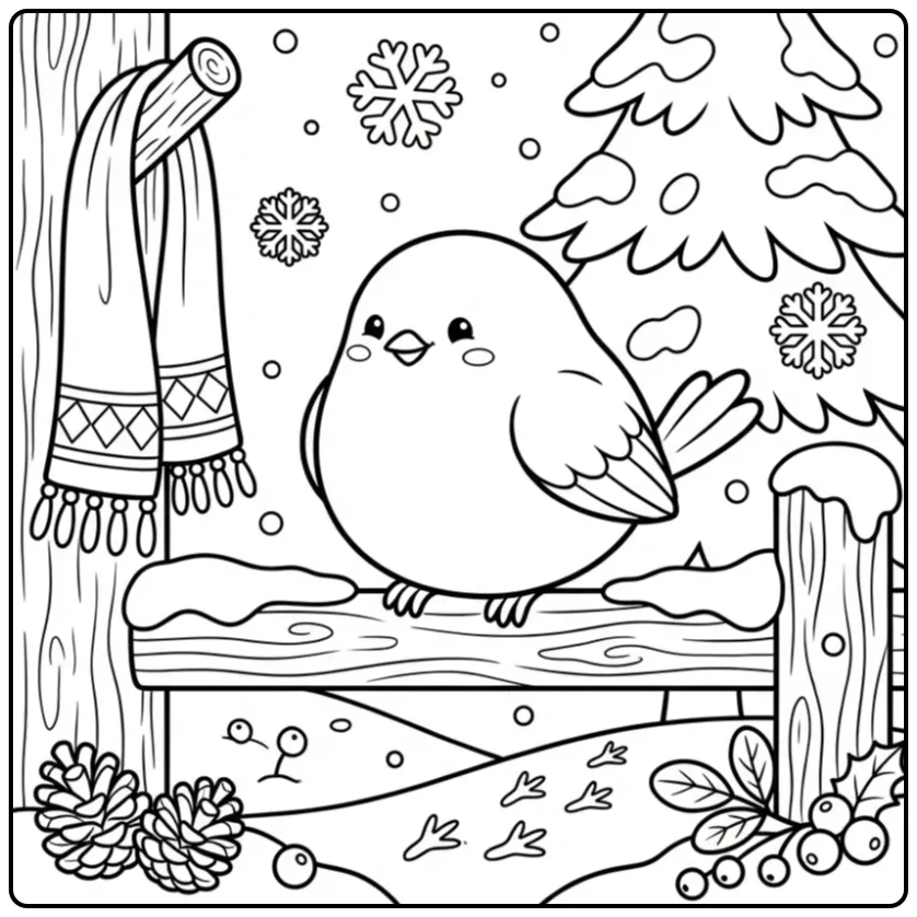 Een leuke kleurplaat vogels in de winter met sneeuw