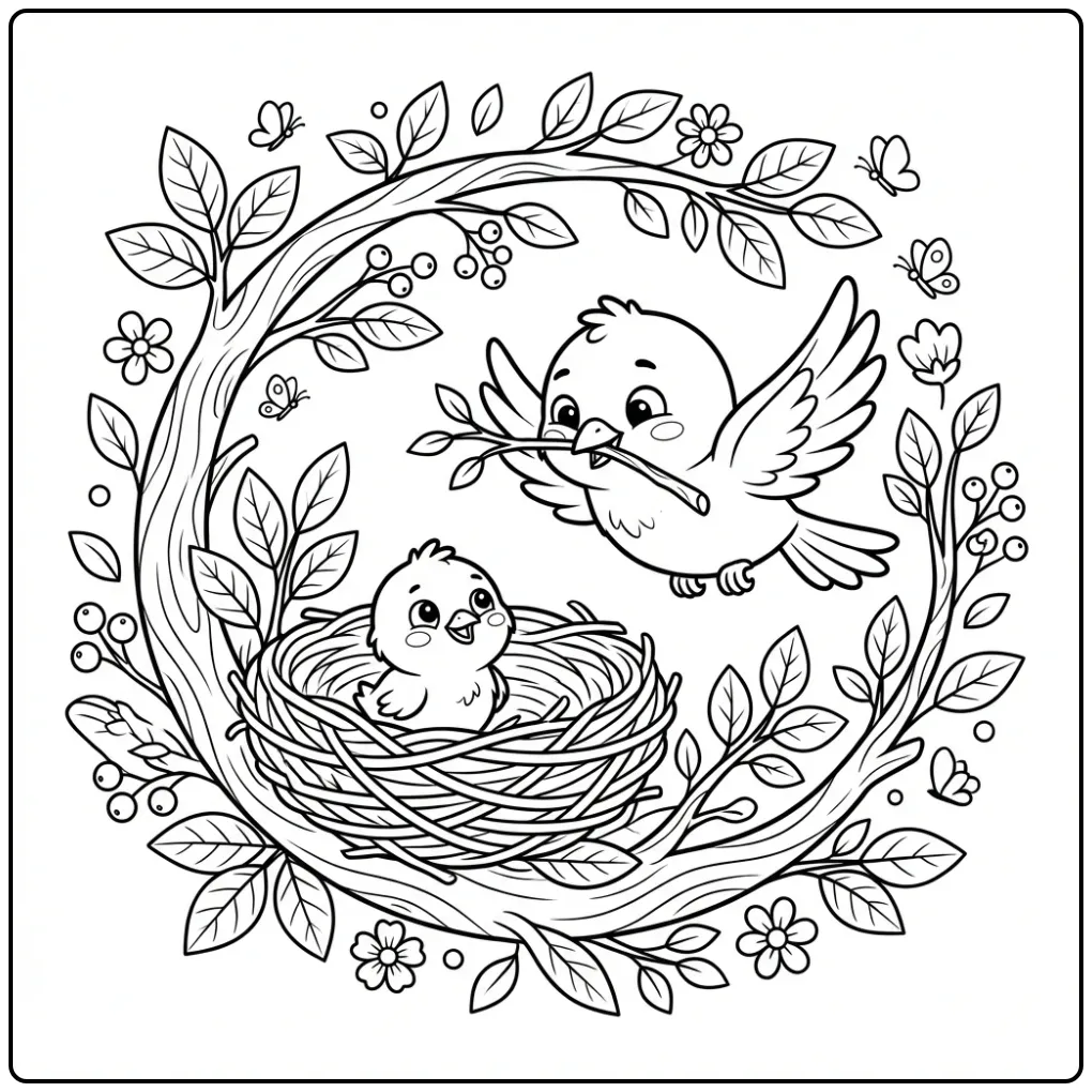 Lieve kleurplaat vogeltjes bouwen samen een nest.