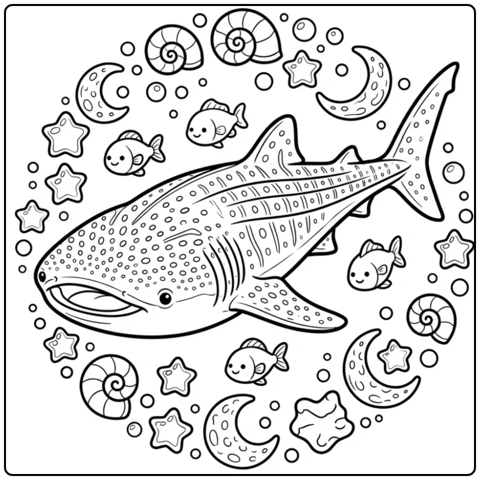 Kleurplaat walvishaai zwemmend tussen bubbels en schelpen.